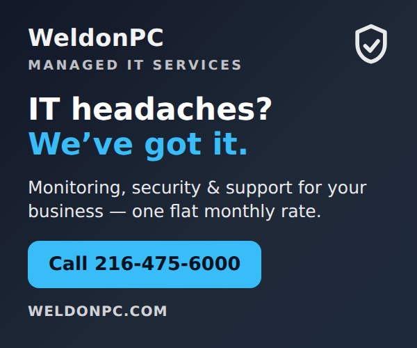 WeldonPC Managed IT - IT support, monitoring and security, one flat monthly rate. Call 216-475-6000.